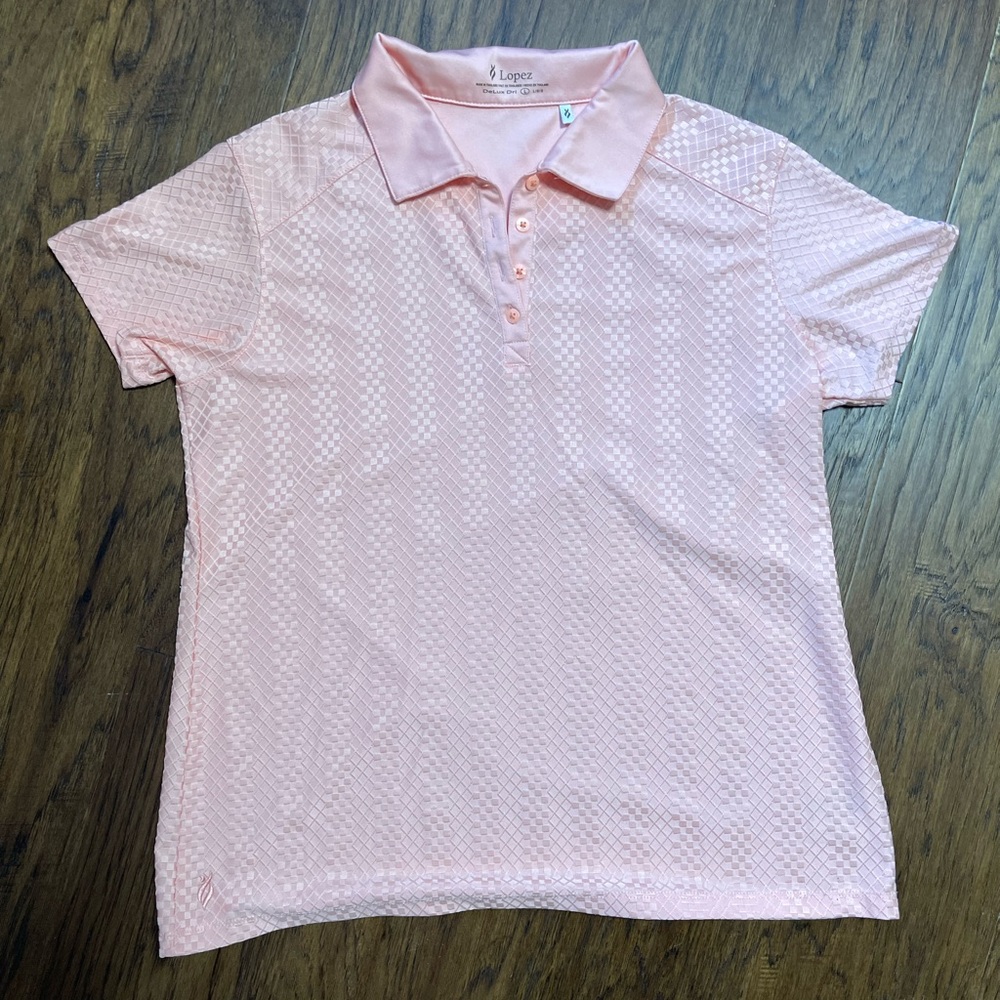 Nancy Lopez Journey Short Sleeve Polo Athletic Collared Golf Shirt in Geranium L